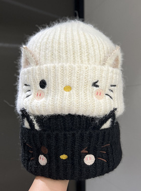 日系甜美可爱猫耳朵针织帽女冬季加绒保暖百搭护耳毛线帽减龄冷帽