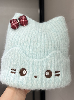 卡通猫耳兔毛套头帽女格纹蝴蝶结刺绣甜美秋冬针织帽