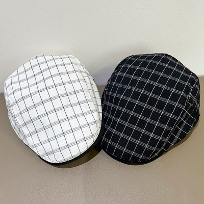 英伦风复古格纹薄款棉麻男士雅痞绅士前进帽休闲百搭贝雷帽画家帽