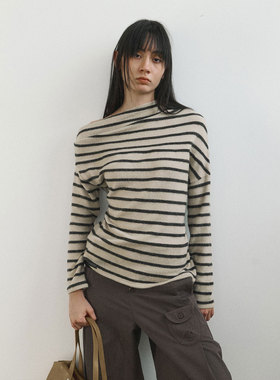 Funnel in毛感条纹一字肩针织衫女秋冬季新款宽松慵懒风毛衣上衣