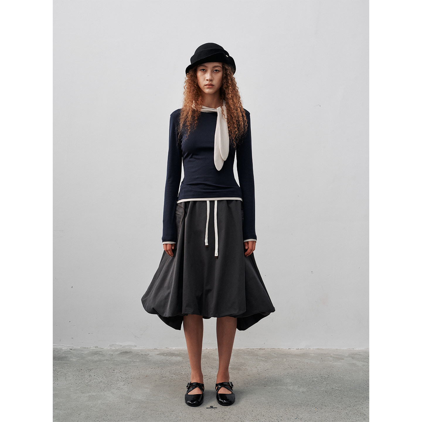 FUNNEL IN2025秋季复古撞色领口飘带修身针织打底衫长袖上衣T恤女