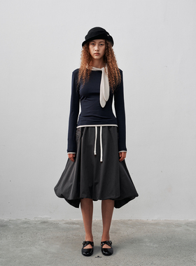 FUNNEL IN2025秋季复古撞色领口飘带修身针织打底衫长袖上衣T恤女