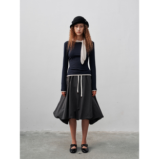 FUNNEL IN2025秋季复古撞色领口飘带修身针织打底衫长袖上衣T恤女