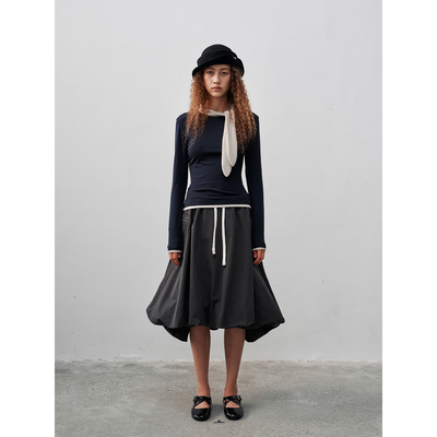 FUNNEL IN2025秋季复古撞色领口飘带修身针织打底衫长袖上衣T恤女