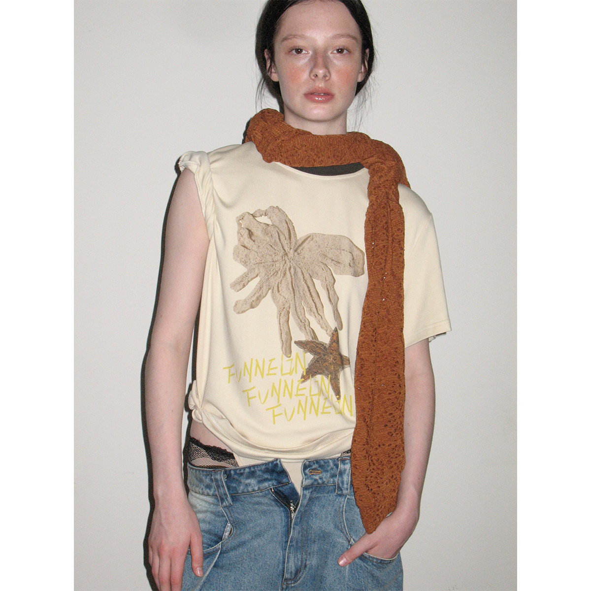 FUNNEL IN原创设计 沙滩海星印花正肩T恤女夏款宽松显瘦短袖上衣