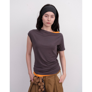 FUNNEL IN 假两件短袖显瘦T恤一字肩斜特别漂亮的掐腰设计感上衣