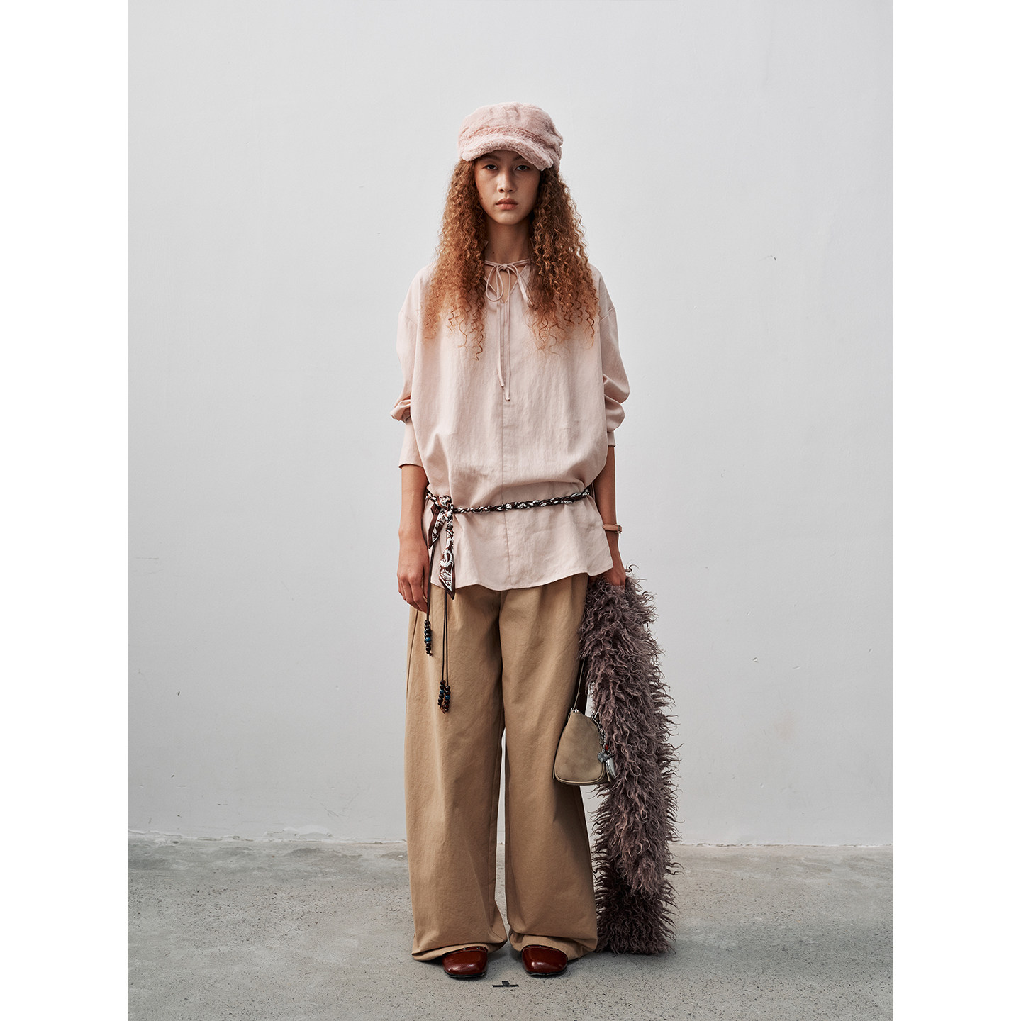 FUNNEL IN 2025秋季新V领口系带套头衬衫慵懒感中长款长袖衬衣女