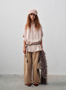 FUNNEL IN 2025秋季新V领口系带套头衬衫慵懒感中长款长袖衬衣女