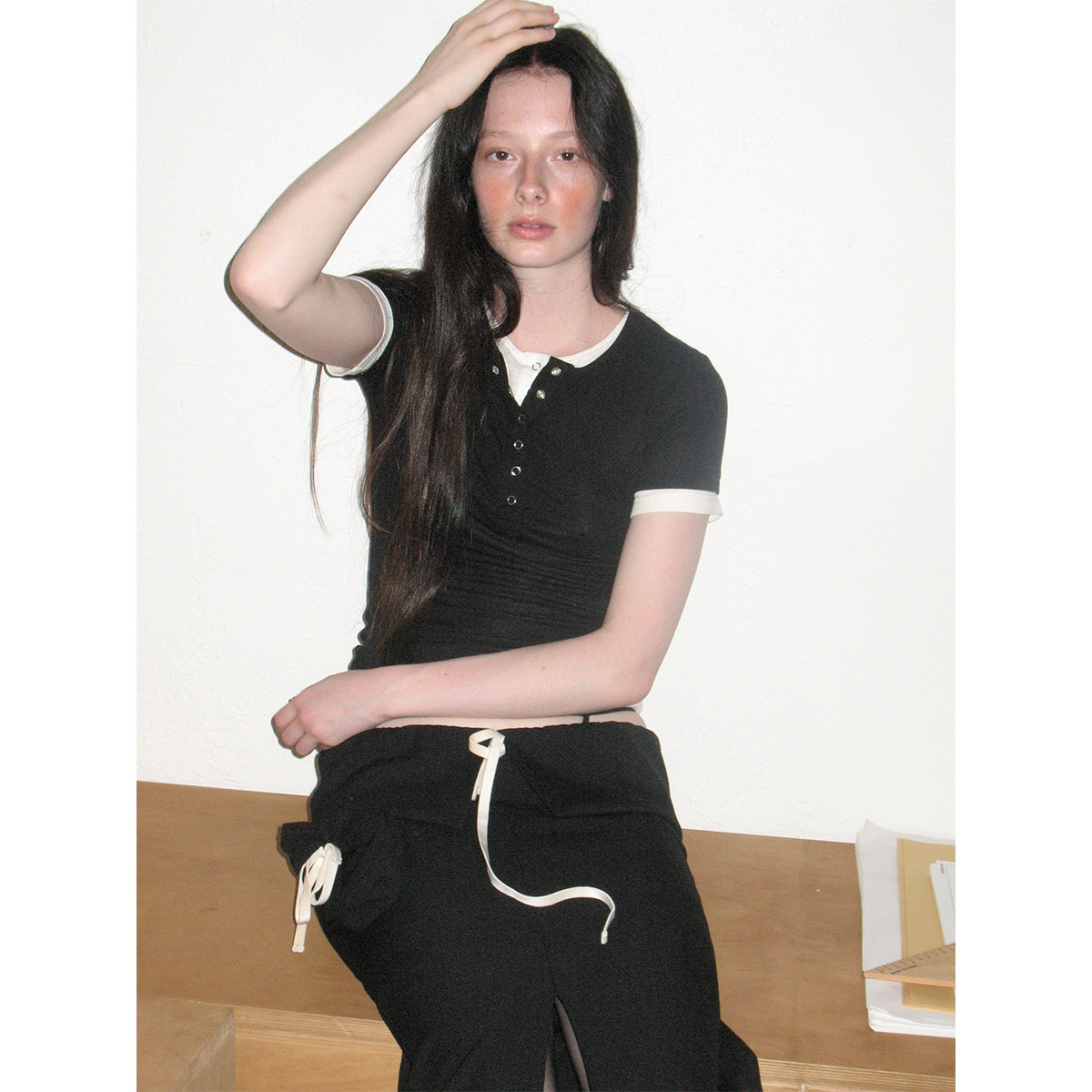 FUNNEL IN原创设计 双层两件撞色白边亨利领三色短袖T恤修身上衣