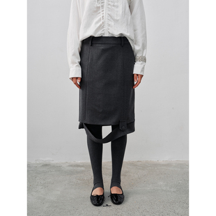 FUNNEL IN秋季新款小众设计感灰色破缝半裙直筒卷边开叉西装裙女