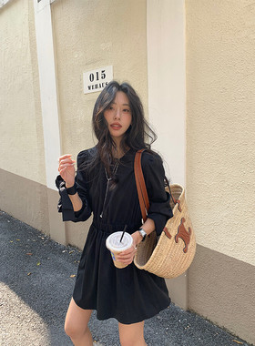 黄峥气质系带收腰连衣裙女2025春夏纯色韩系显瘦中长裙H1FA510027