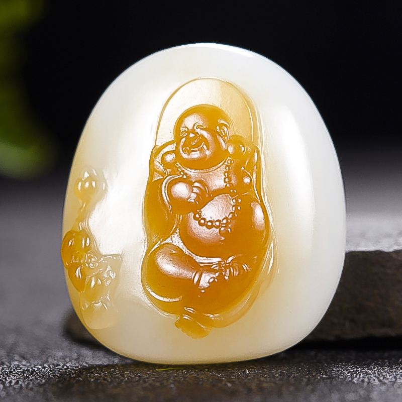 巧色且末料糖羊脂白玉弥勒佛吊坠