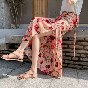 一片式半身裙女夏季中长款度假风沙滩裙系带防晒长裙显瘦裹身裙子
