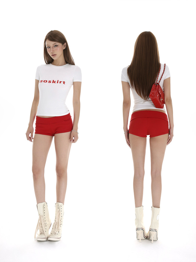 Model wearing a white fitted T-shirt with red shorts and white lace-up boots, shown front and back