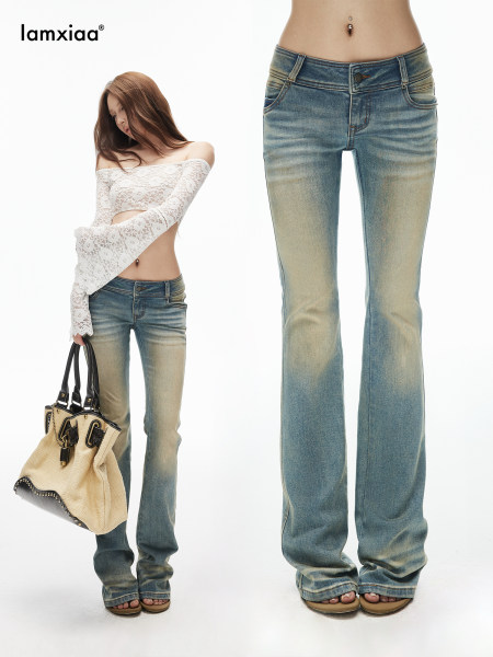 Model wearing faded blue bootcut jeans with a product view of the jeans