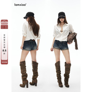 iamxiaa*90S做旧水洗竹节肌理棉质牛仔斜向折边显瘦高包臀短裤