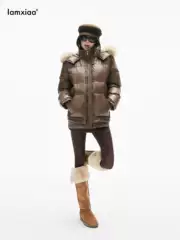 Iamxiaa* New National Standard 90 White Duck down Satin Hooded Detachable Fur Collar Stand Collar Loose H-Shaped down Jacket