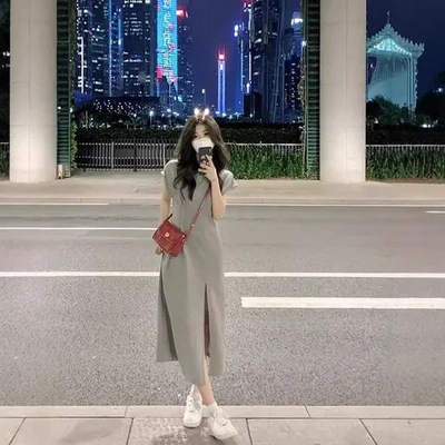 t恤长裙连衣裙子设计感开叉新款夏季灰色休闲女装2024年小众显瘦