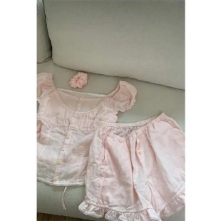 休闲粉家居服女2025甜美风花边夏季 睡衣荷叶边SinGlee短袖