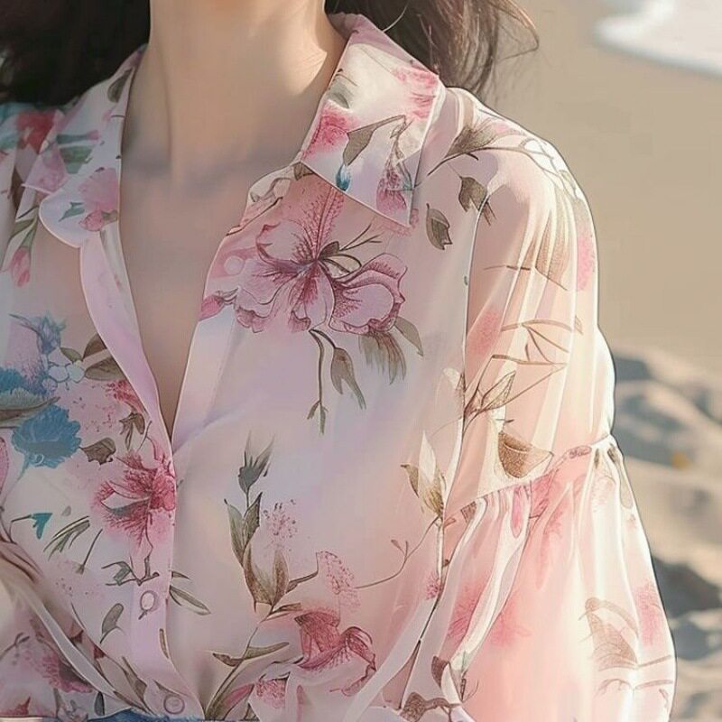 春夏别致绝美小衫独特漂亮气质上衣感粉色时尚雪纺碎花衬衫女2025