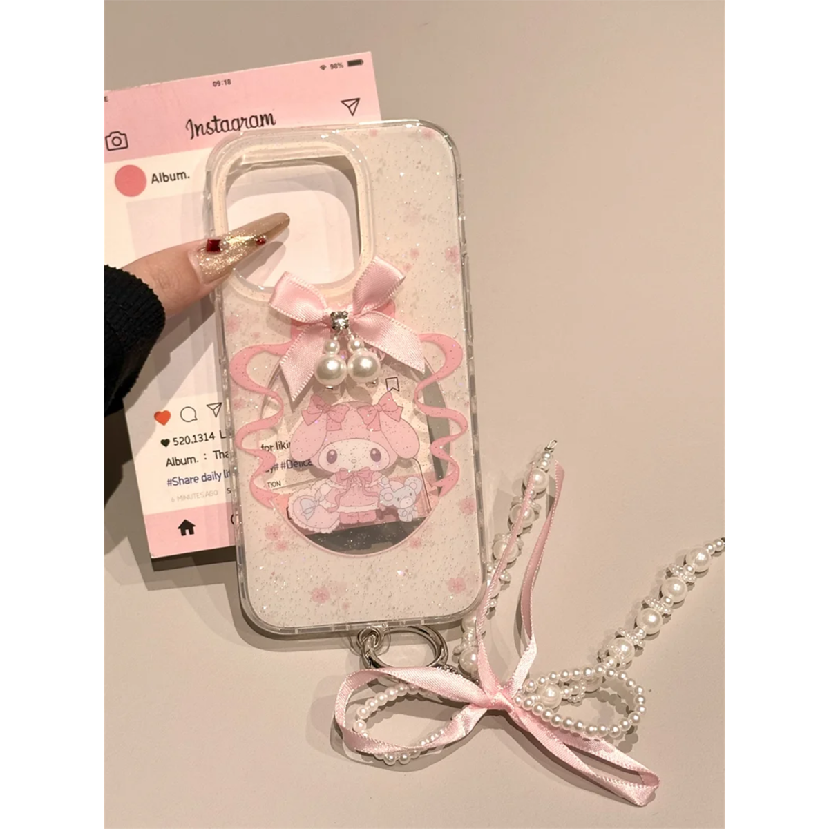 ins珍珠蝴蝶结卡通闪粉适用iphone16pro手机壳苹果17新款15创意挂坠14pro女款13超火15promax防摔保护套