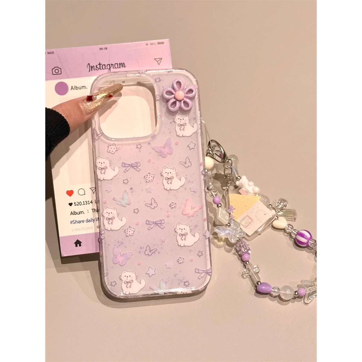 可爱紫色卡通蝴蝶结小猫适用iphone16pro手机壳苹果16新款15创意14pro女款13超火15promax防摔保护套链条