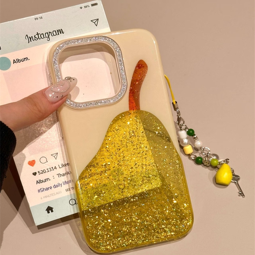 镂空闪粉绿色梨子适用iphone16pro手机壳苹果17新款15闪粉镜框14pro女款13超火15promax全包防摔保护套