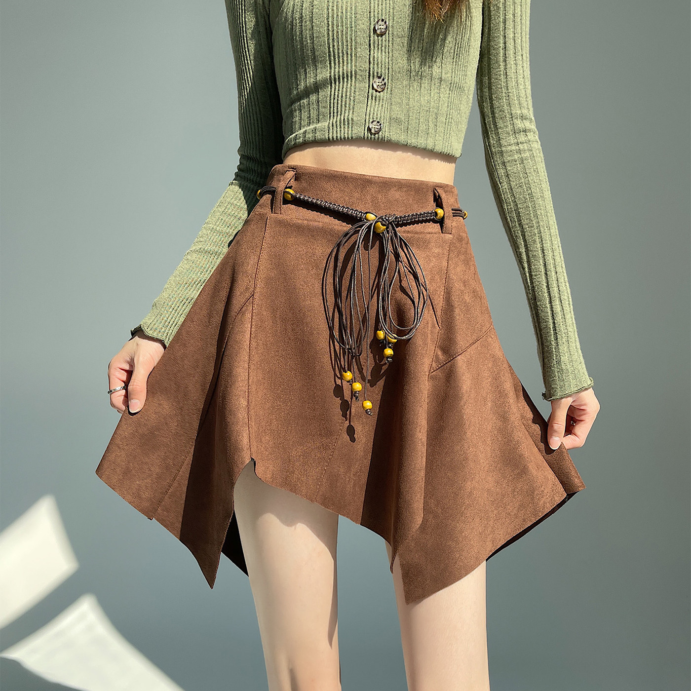 美式复古咖色麂皮a字半身裙女秋冬高腰显瘦不规则气质包臀短裙子