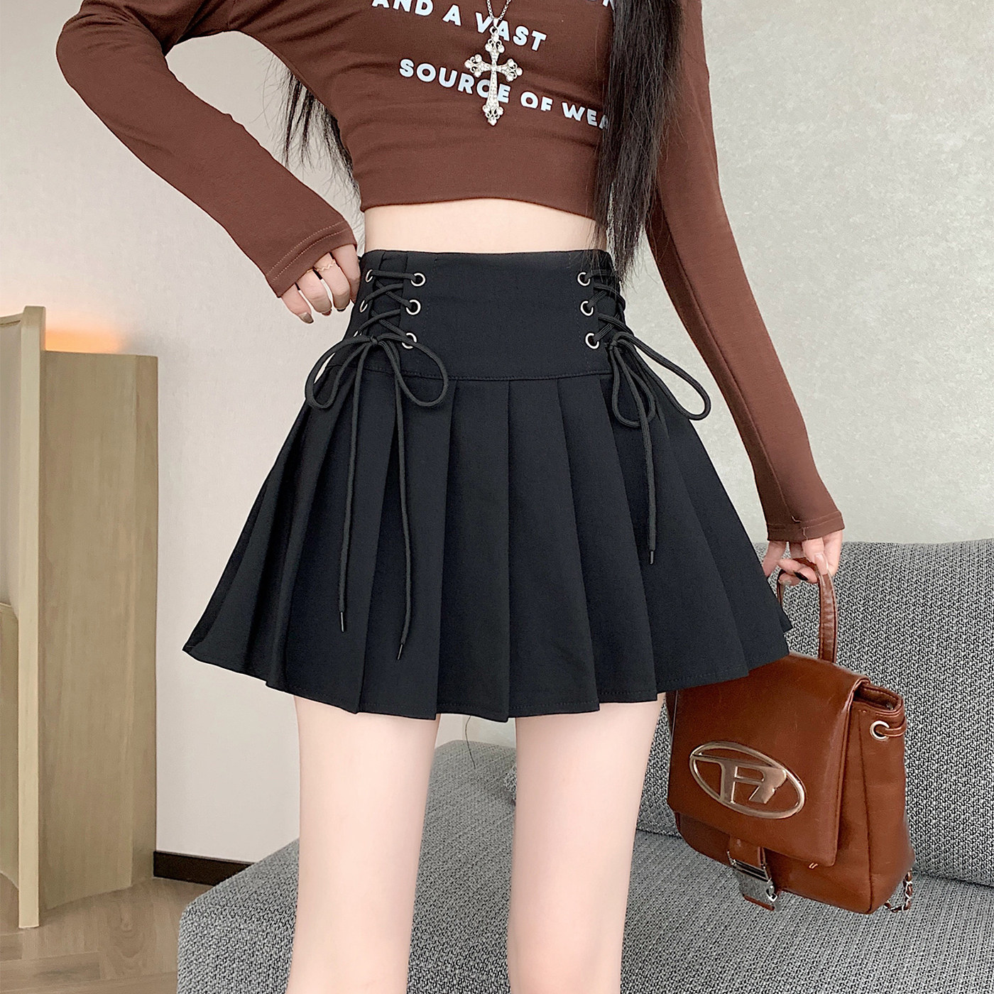 复古黑色双边绑绳子系带百褶半身裙女秋冬2025新款高腰a字短裙子
