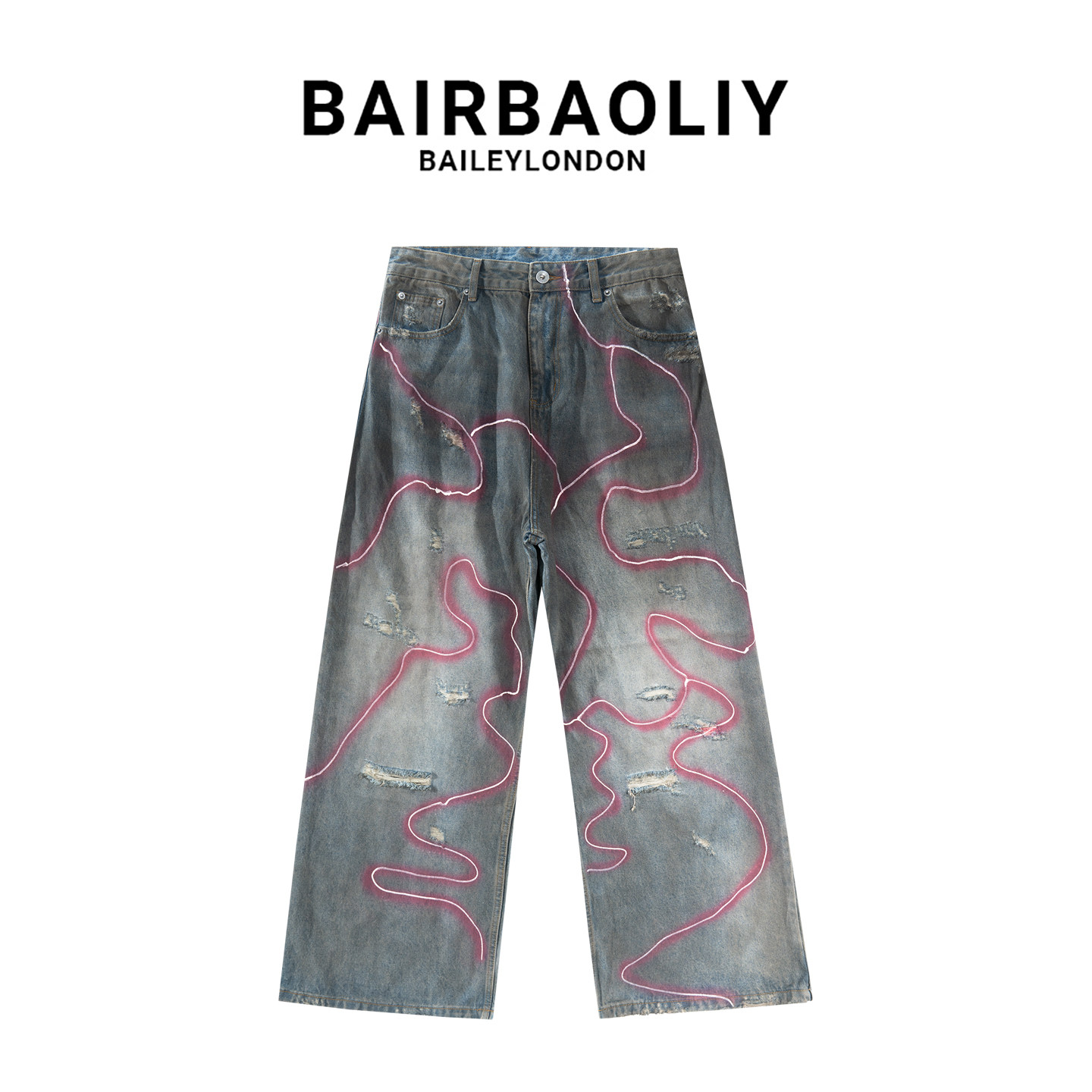 BAIRBAOLIY轻奢重工日系复古做旧闪电涂鸦破洞水洗高品质牛仔裤男