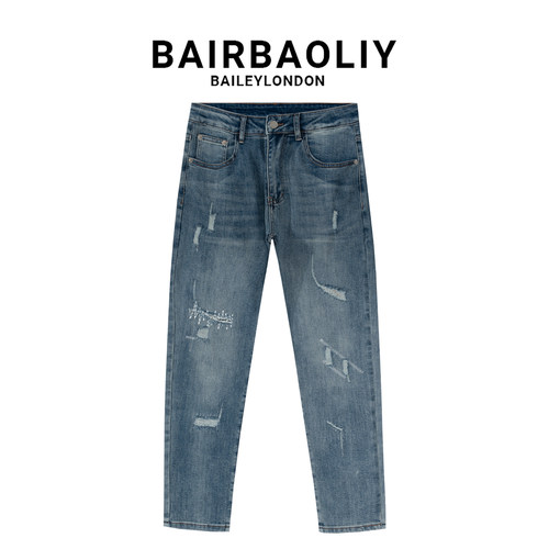 BAIRBAOLIY美式高街破洞九分裤男小众潮流毛边复古修身小脚牛仔裤