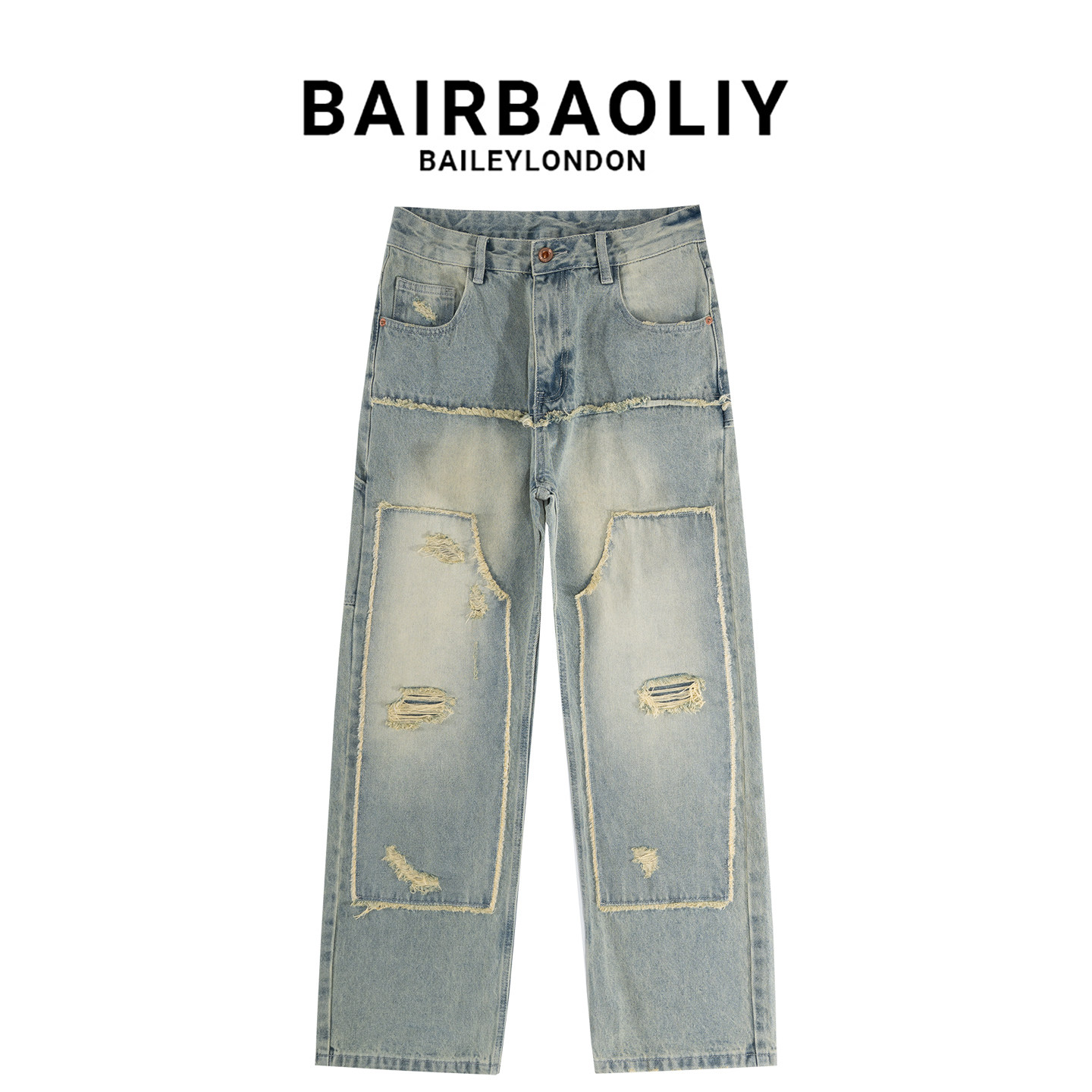 BAIRBAOLIY街头个性毛边拼接破洞美式牛仔裤设计感宽松直筒长裤男,男装,牛仔裤,淘宝优惠券,粉丝福利购,淘宝优惠卷
