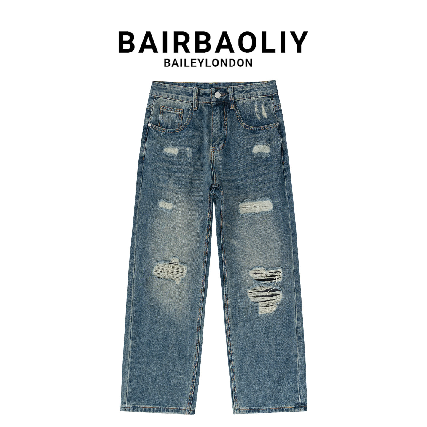 BAIRBAOLIY美式潮牌多破洞水洗牛仔裤男高街做旧渐变宽松直筒长裤
