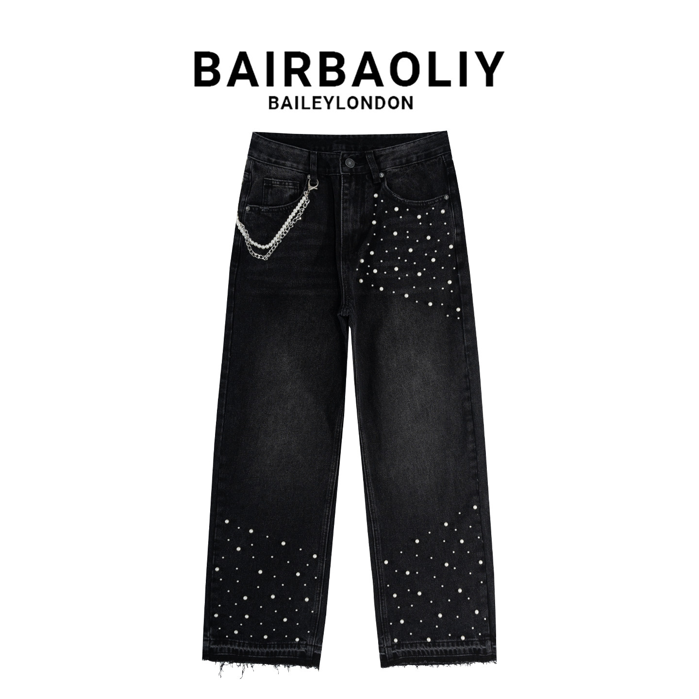 BAIRBAOLIY潮牌洗水做旧直筒重工钉珍珠链条男士宽松百搭牛仔长裤,男装,牛仔裤,淘宝优惠券,粉丝福利购,淘宝优惠卷