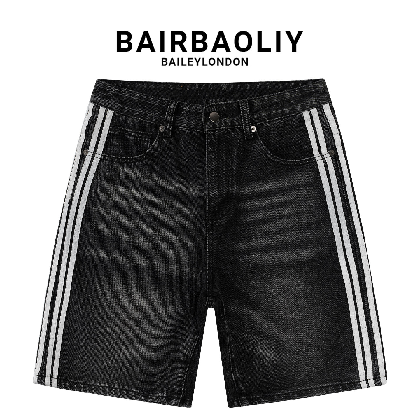 BAIRBAOLIY夏季撞色双杠条纹牛仔短裤男潮牌痞帅合身直筒五分中裤
