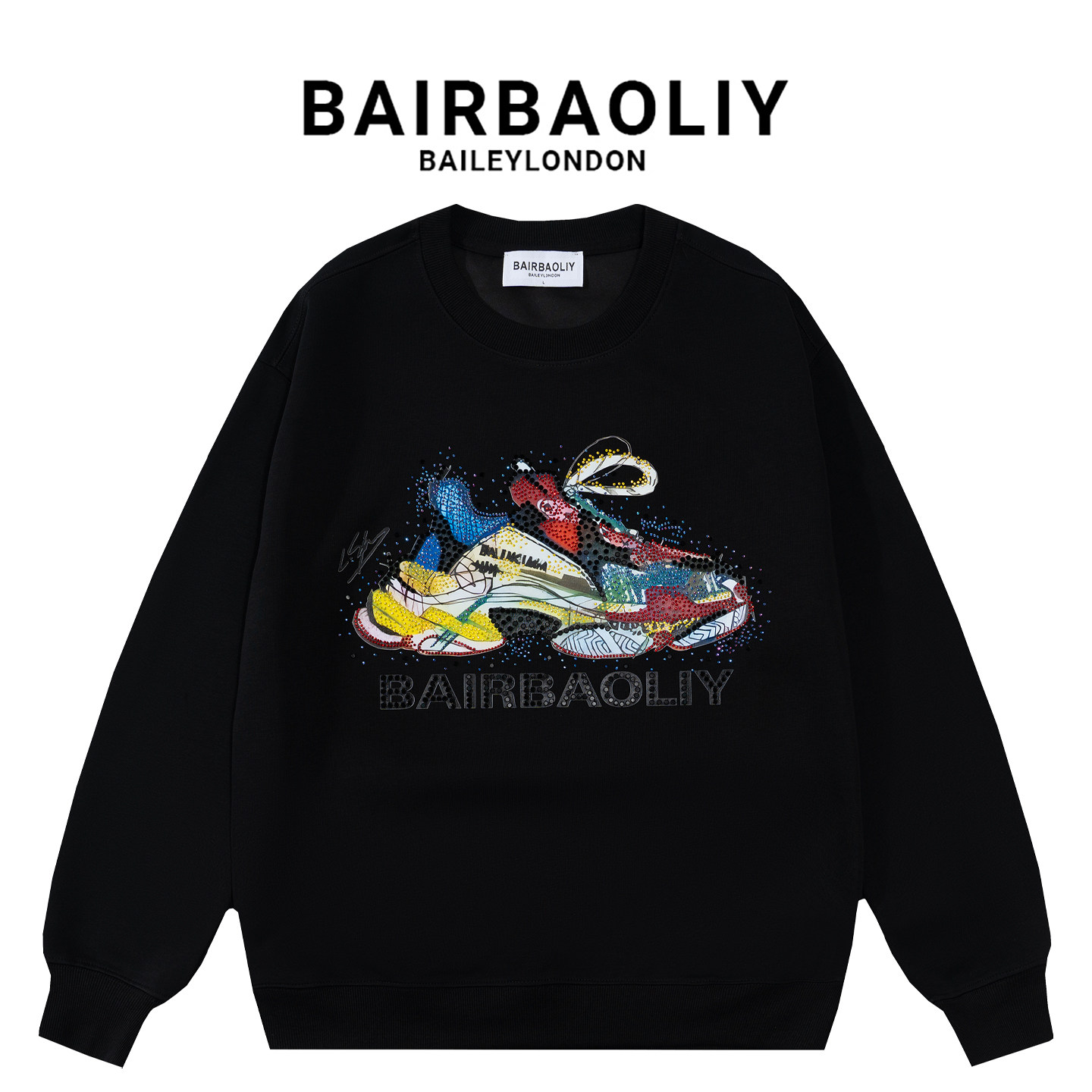 BAIRBAOLIY休闲百搭长袖套头卫衣秋冬潮流重工烫钻印花情侣款上衣