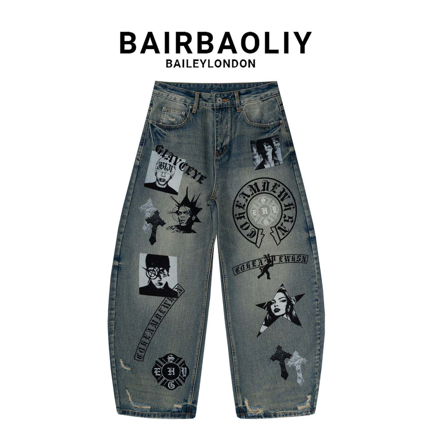 BAIRBAOLIY男装潮酷朋克风重工刺绣印花个性潮流破洞弯刀牛仔长裤