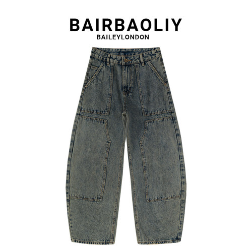 BAIRBAOLIY潮牌美式复古弯刀工装牛仔裤男士怀旧水洗拼接设计长裤