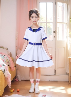 弹力学院女童学生蓝白礼服公主裙主持诗朗诵合唱团集体套装演出服