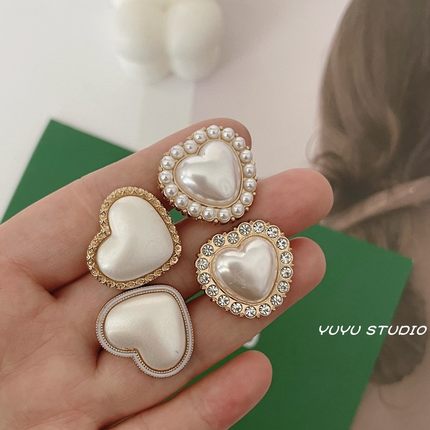 小香风金属心形珍珠纽扣编织外套装饰扣子镶钻手缝扣毛衣开衫扣