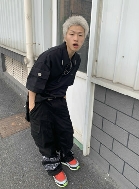 REBELTOREBEL 现货！腰果花贴布拼接外缝线褶皱抽绳工装裤直筒裤