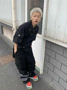 REBELTOREBEL 现货！腰果花贴布拼接外缝线褶皱抽绳工装裤直筒裤