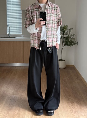 【Vintage】REBELTOREBEL 洗褪做旧毛边破坏抽须粉色格纹短袖衬衫