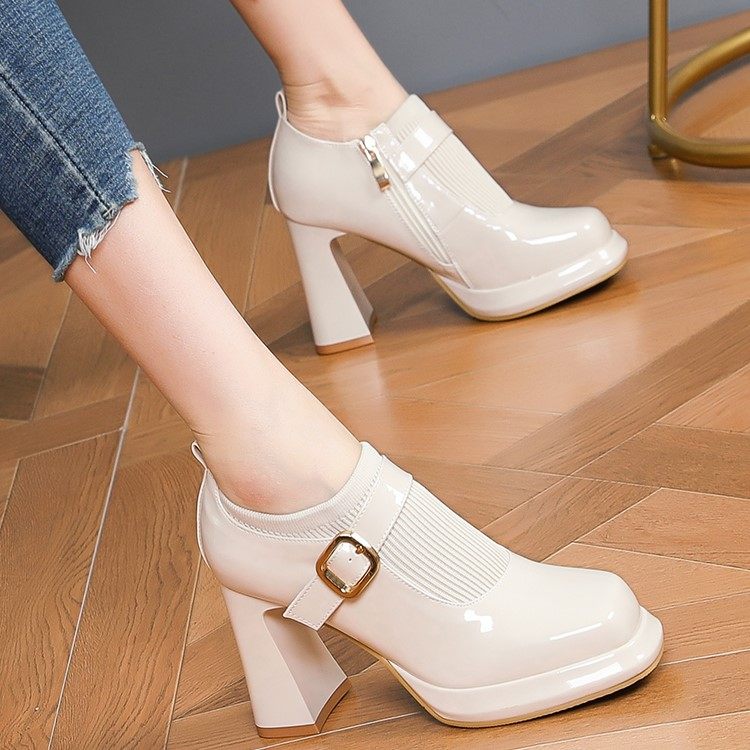欧美皮带扣深口粗跟单鞋2023秋新款拼接防水台方头超高跟时装靴女,女鞋,深口单鞋,淘宝优惠券,粉丝福利购,淘宝优惠卷