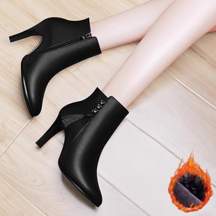韩版尖头细跟马丁靴女2024冬季新款加绒性感高跟鞋春大东真皮短靴
