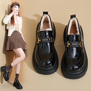 真皮英伦风增高加绒乐福鞋女2025冬季新款粗跟厚底单鞋黑色小皮鞋