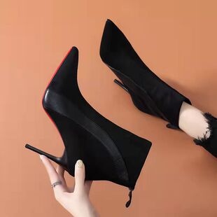 2024秋冬新款尖头细跟高跟鞋女短靴百搭瘦腿弹力袜子靴真皮马丁靴