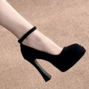 真皮复古玛丽珍鞋小个子防水台粗跟绝美黑色高跟鞋女芭比圆头单鞋