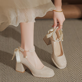 绝美厚底高跟鞋女18岁成年礼粗跟单鞋新娘配主婚纱玛丽珍婚鞋7CM