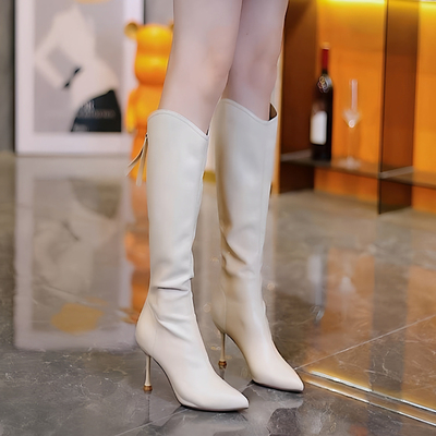 冬季加绒尖头细跟真皮百搭瘦瘦靴